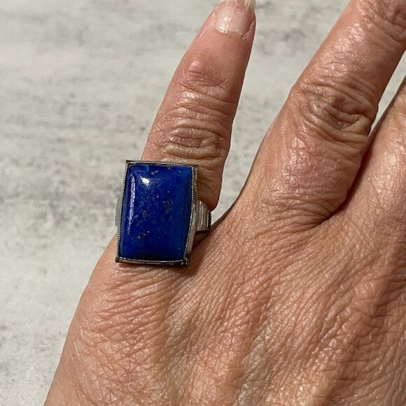 Vintage Genuine Blue Lapis Lazuli Cabochon Rectangular Setting Sterling Ring 4.5 - Picture 5 of 8
